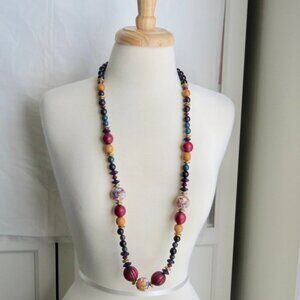 Carol Dauplaise Vintage 80's Necklace Tribal Jewel Tone Wood Glass Stone Beads